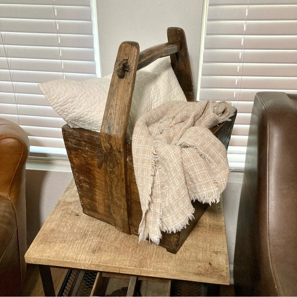 Big Wooden Rice Basket Bucket Rustic Distressed Farmhouse Decor